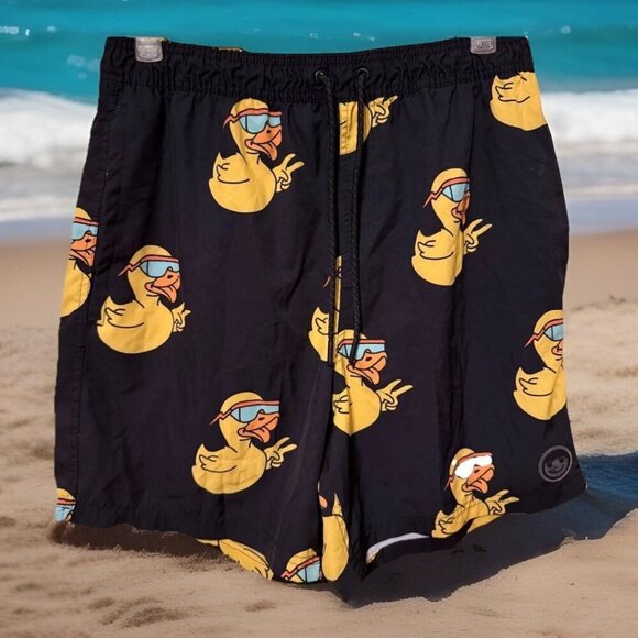 Neff Swim Trunks Men's  XL Black Yellow Rubber Duck Bathing Suit Shorts Printed - Picture 1 of 2